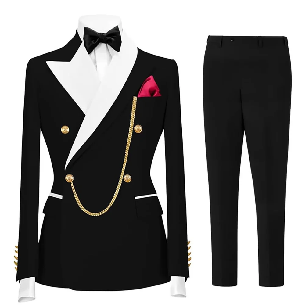 Luxury Men Double Breasted Suit White Contrast Lapel Slim Tuxedo Peak Lapel Wedding Groom Outfit Prom Formal Blazer Pants