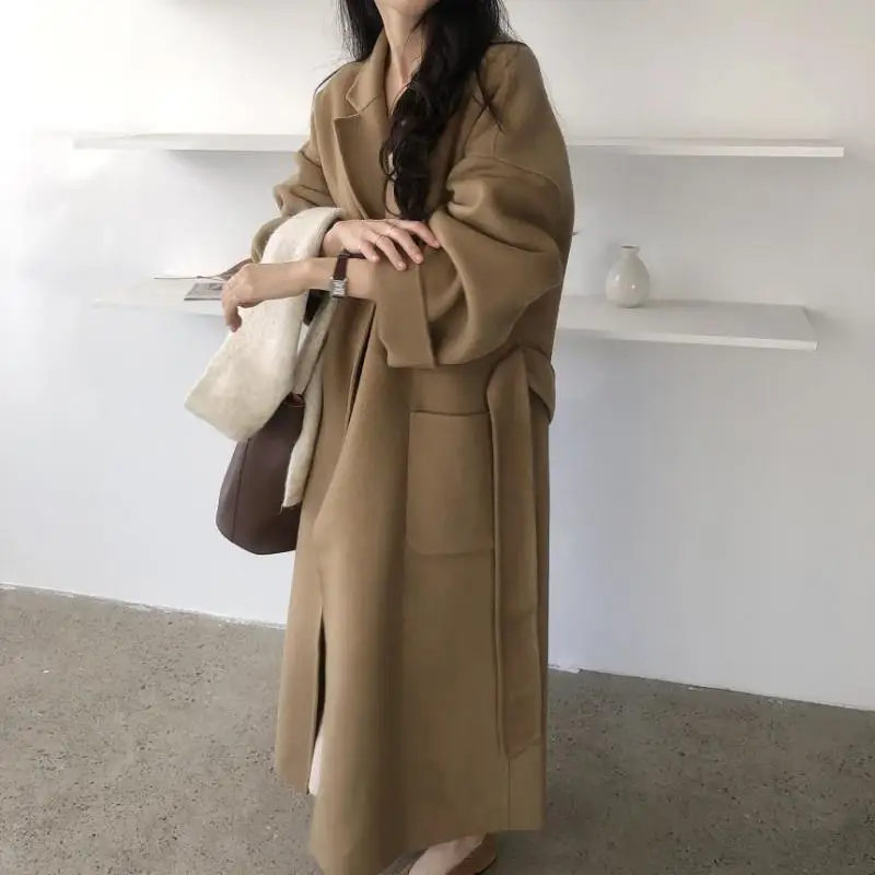 

2024 Winter Korean New Khaki Woolen Coat Women Mid Waist Tie Jacket Daily Commuter Street Casual Coats Women's Clothing