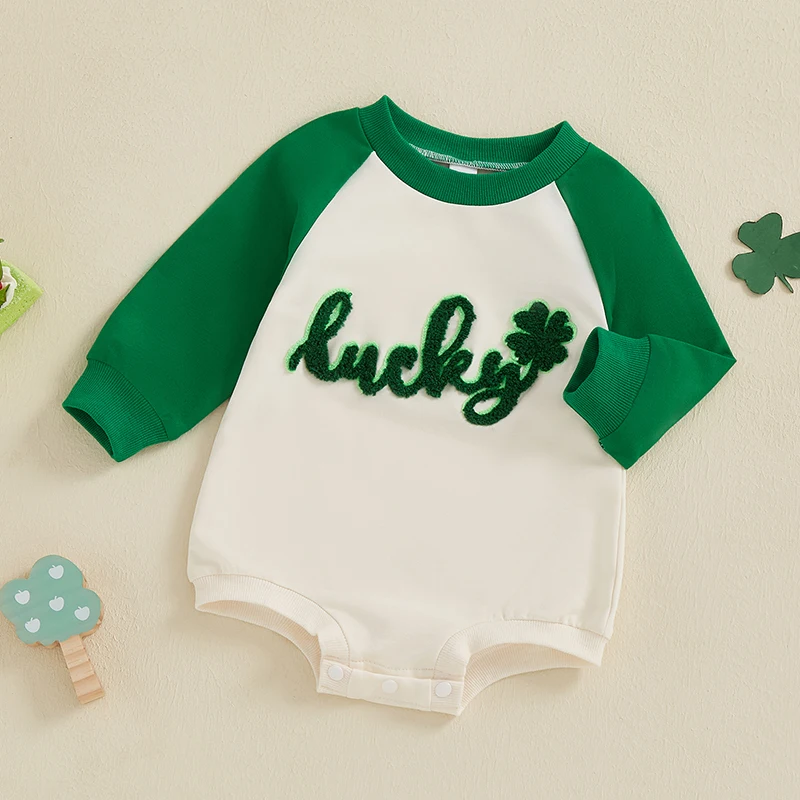 2024-09-26Lioraitiin Baby Boys St. Patrick's Day Sweatshirt Romper Shamrock Letter Embroidery Long Sleeve O-Neck Bubble Jumpsuit