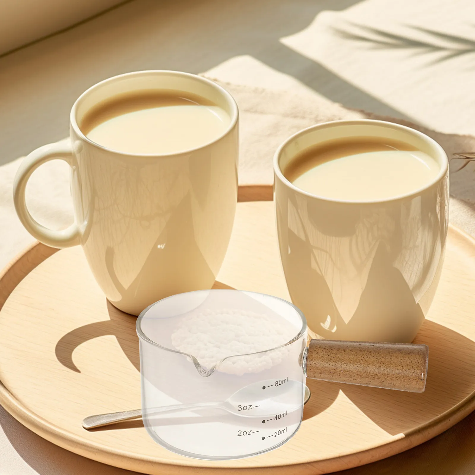 Glass Milk Jug Mini with Wooden Handle Measuring Cup Precise Markings Small Milk Pitcher Espresso Frothing Coffee