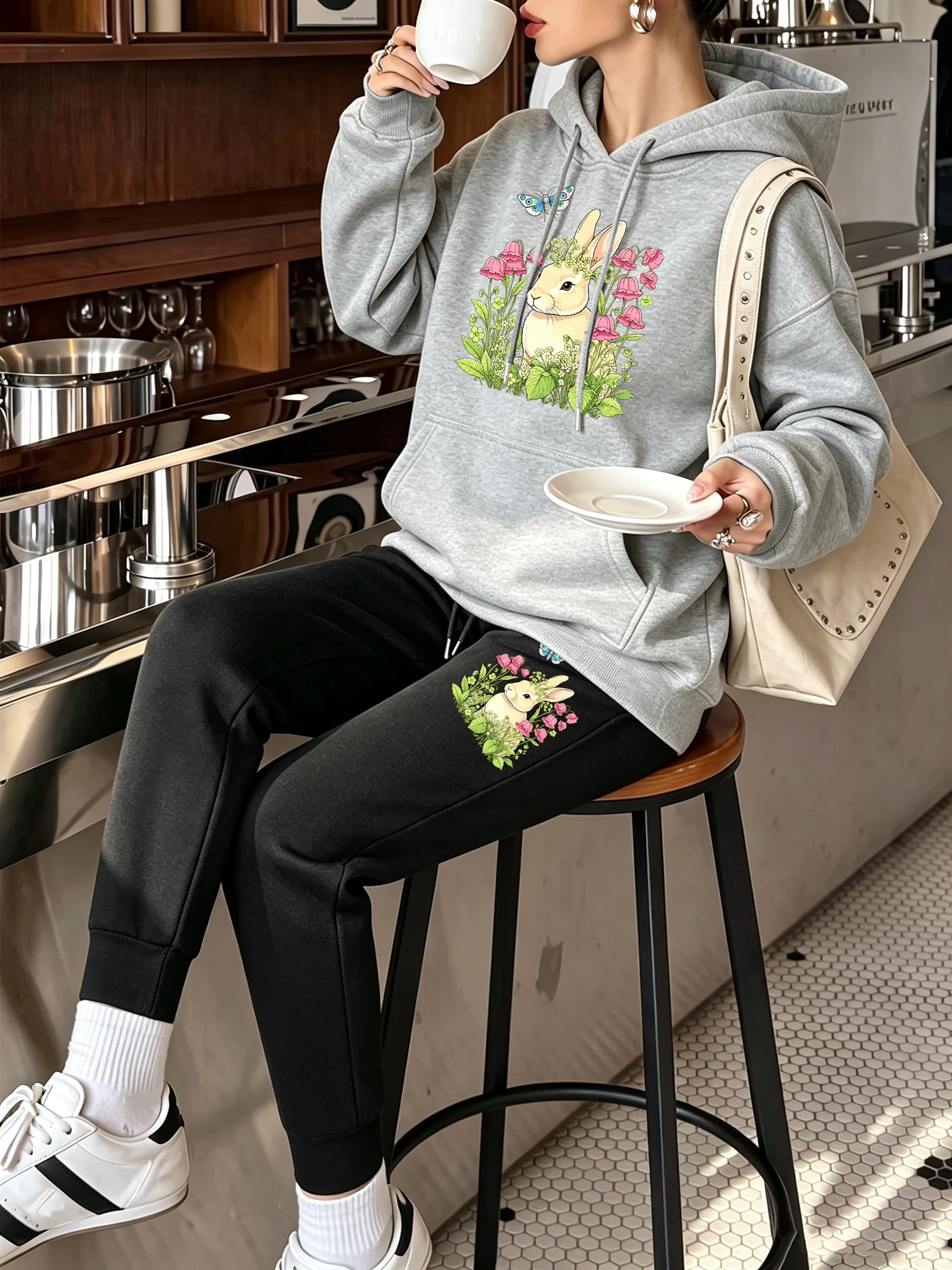 Cute Rabbit Butterfly Foliage Flower Print Y2K Women Hoodie Set Loose Autumn Pullover Casual Sportswear Pocket Fleece Sweatpants