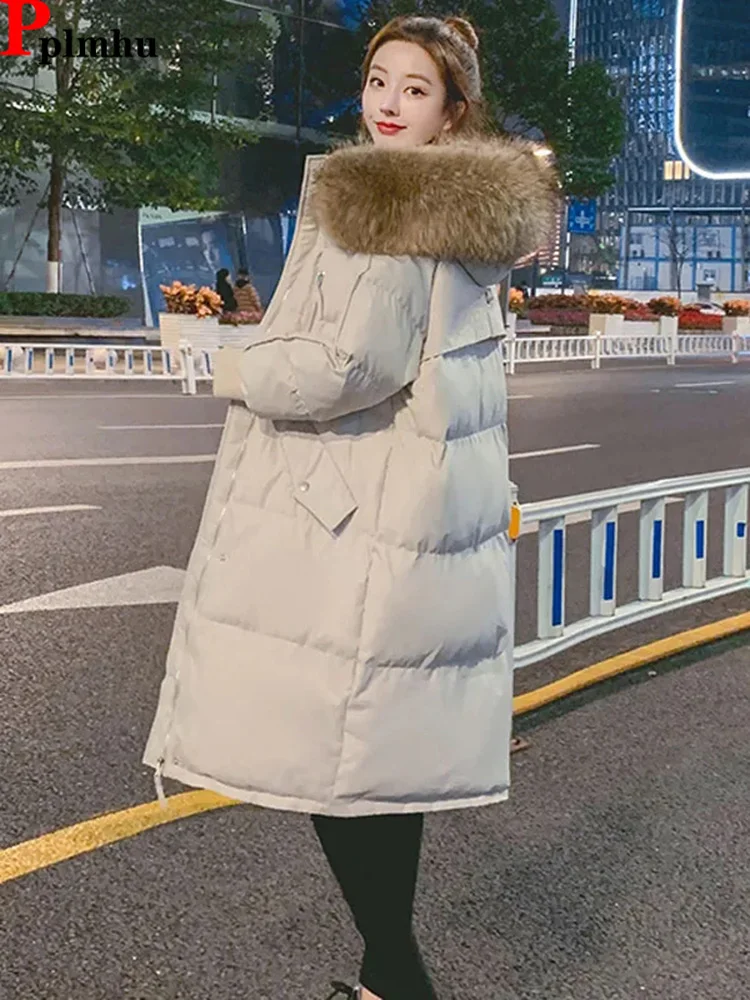 Winter Faux Fur Collar Hooded Cotton Coats Warm Parkas Mid-length Snow Wear Jackets Tops Korea New Windproof Loose Women Abrigos