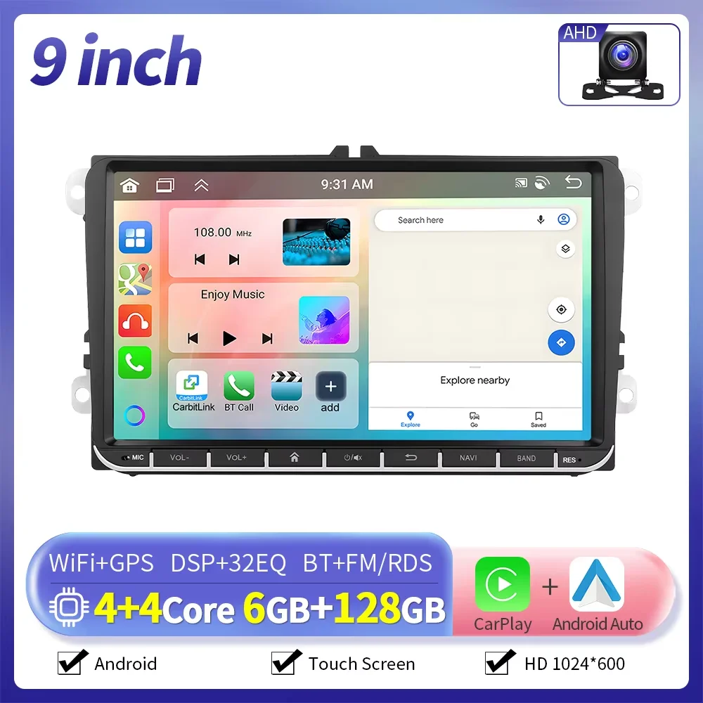 Podofo 7/8/9 inch 6+128GB Android autoradio GPS Carplay voor VW Volkswagen Golf 5 6 Touran Passat B6 Polo Jetta Sharan Seat Skoda