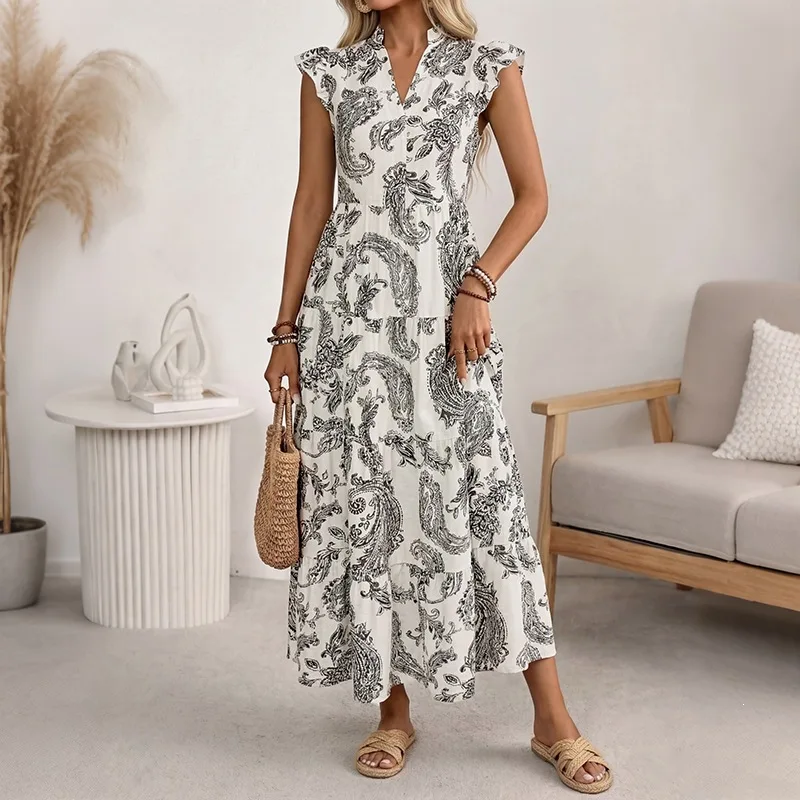 

2026 Women's Summer Bohemian Retro Cake Skirt with Cashew Flower Print V-neck Flying Sleeve Dress