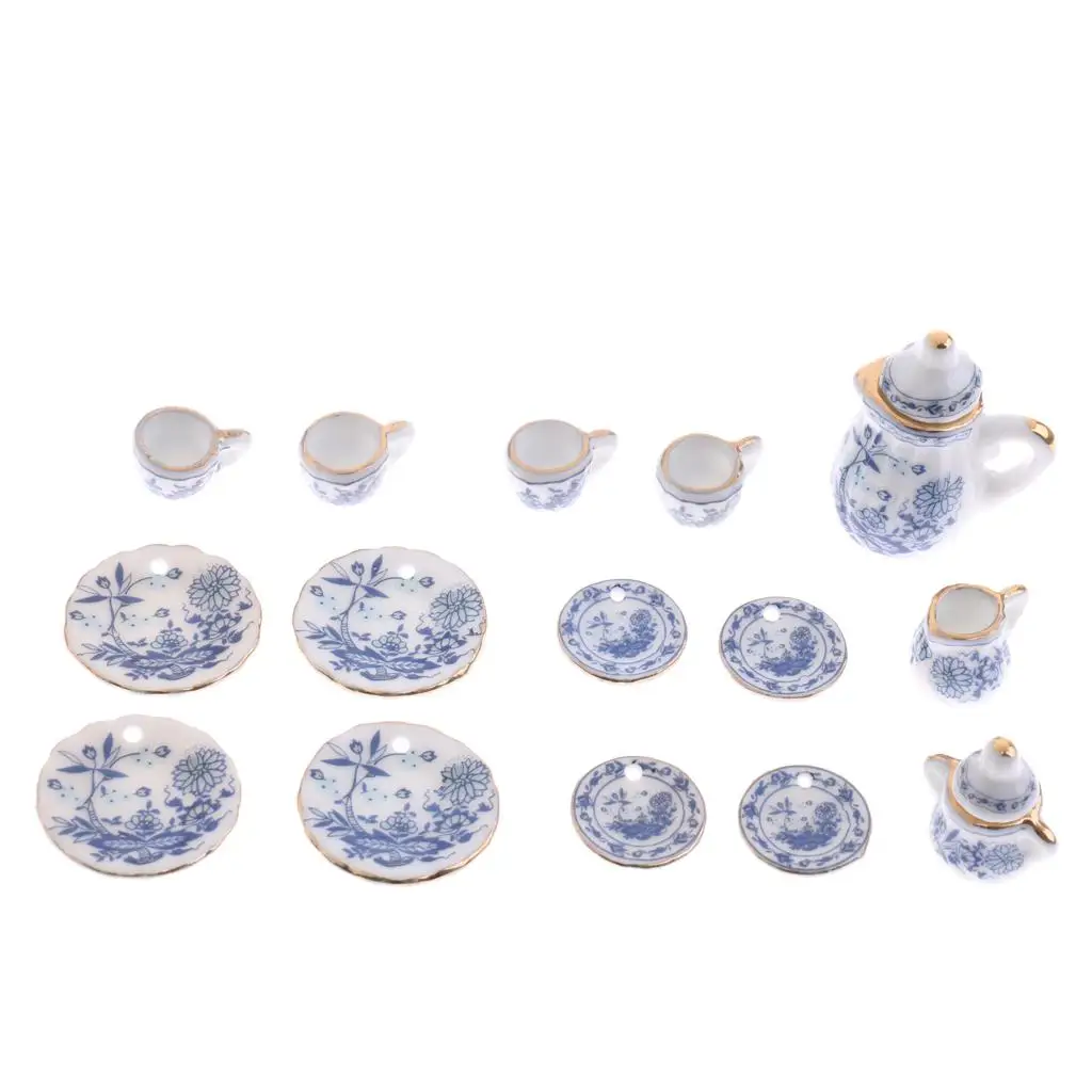 Juego de té de porcelana para casa de muñecas, accesorios de cocina, juguete para niños y niñas, escala 1/12, China, 15 piezas