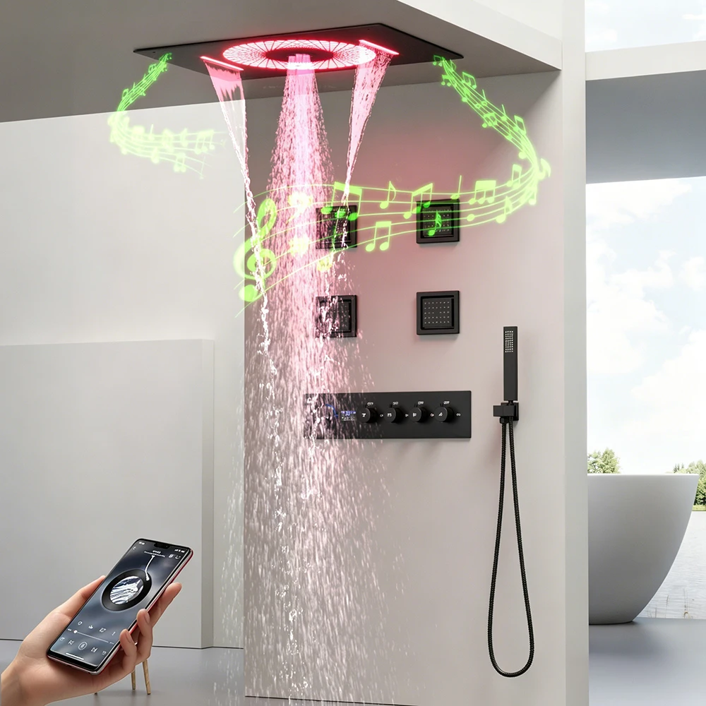 400x600mm LED Music Shower System Dual-Person Oversized Shower Head Digital Display Matte Black 4 Functions Shower Set