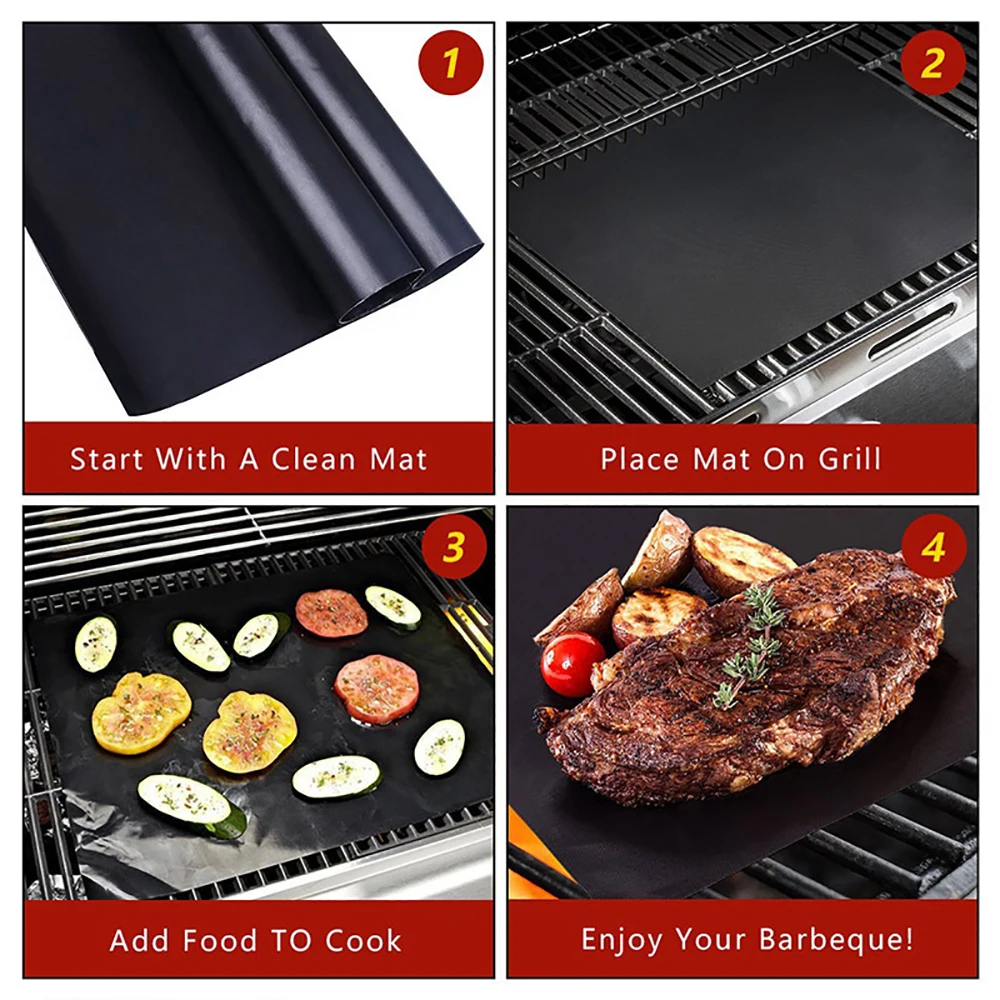 Non-stick BBQ Grill Mat 60*40cm With Oil Brush Baking Mat Cooking Grilling Sheet Heat Resistance Easily Cleaned Kitchen Tools