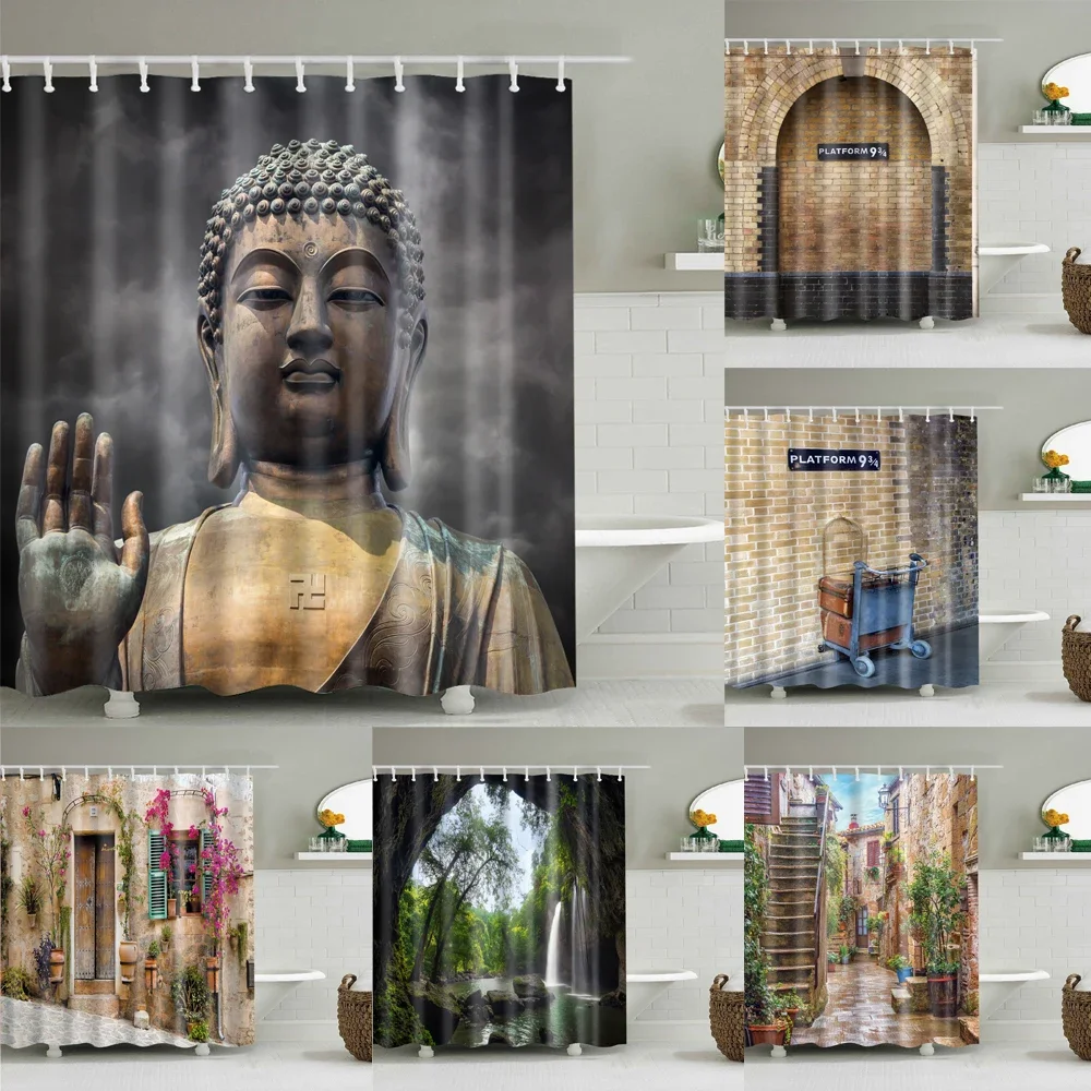 Classical Wooden Door Subway Platform Shower Curtain Waterproof Polyester Bathroom Curtain Home Decor Bath Curtain with Hooks