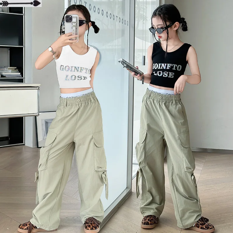 

Teen Girls Summer Clothes Set Ensembles Fille Enfant Hot Diamond Letter Vest+Cargo Pants 2pc Kid Street Dance Suit Child Outfits