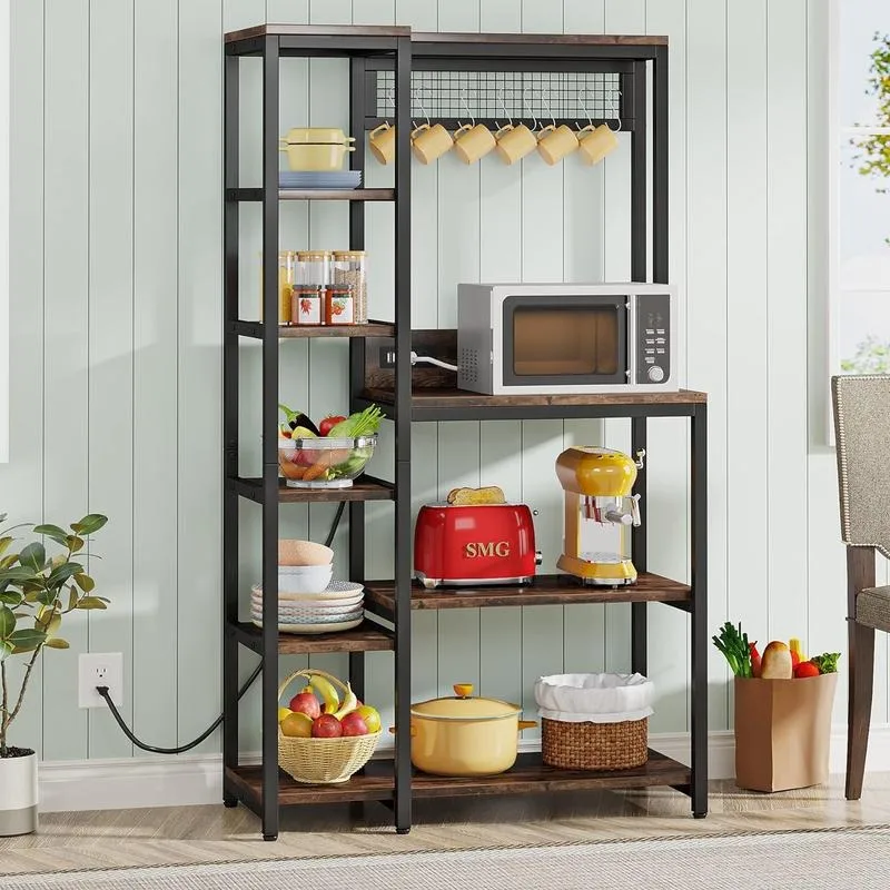 Tribesign-Kitchen Bakers Rack com saída de energia, suporte para microondas, 8 camadas, coffee bar, 8 ganchos em forma de S, armazenamento de cozinha