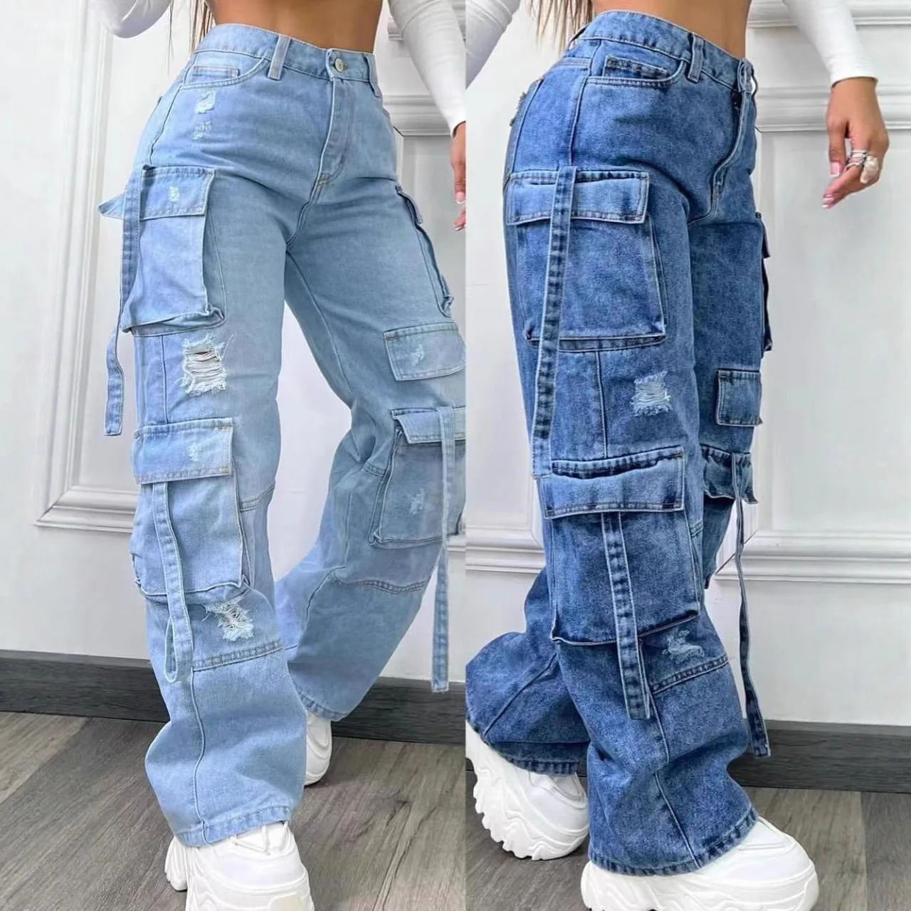 High Waist Multi Pocket Jeans Women 2026 New Fashionable Solid Color Versatile Large Size Cargo Pants