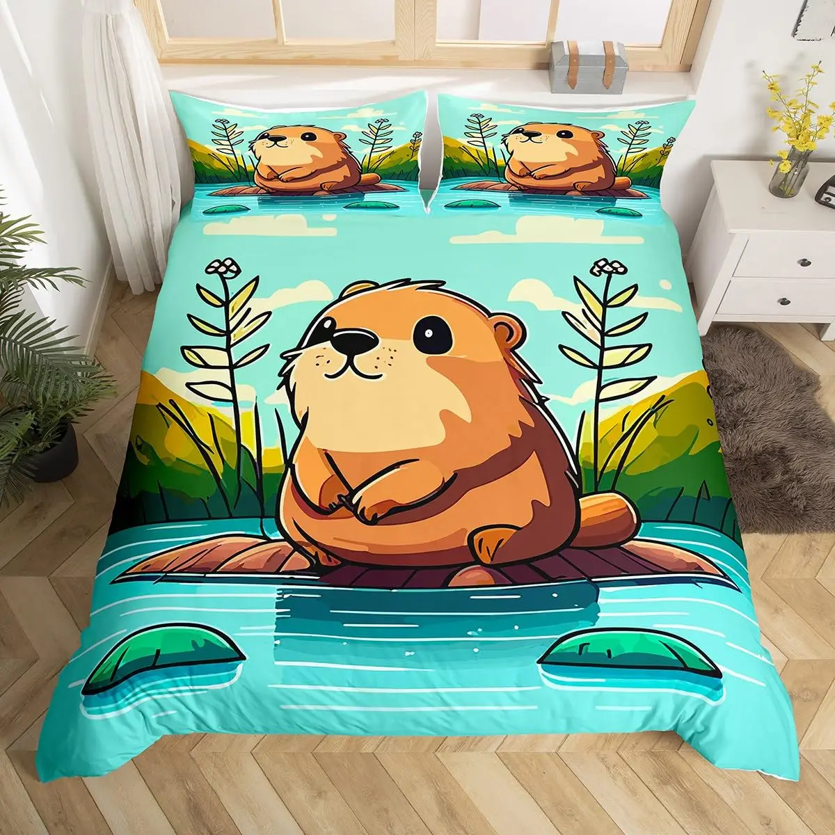 Imagem -03 - Bonito Capivara Imprimir Conjuntos de Cama Capa de Edredão Kawaii Completa Mel Abelha Cobertor Conjunto de Cama Animais dos Desenhos Animados Coração Vermelho do Amor