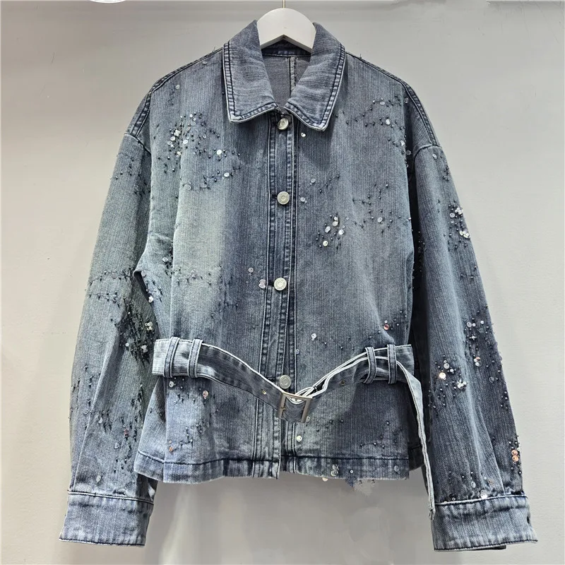 Denim Jacket Women Sequins Coat Turn Down Collar Single Breasted Belt Streetwear Vintage Jackets Washed Outerwear Spring 2026