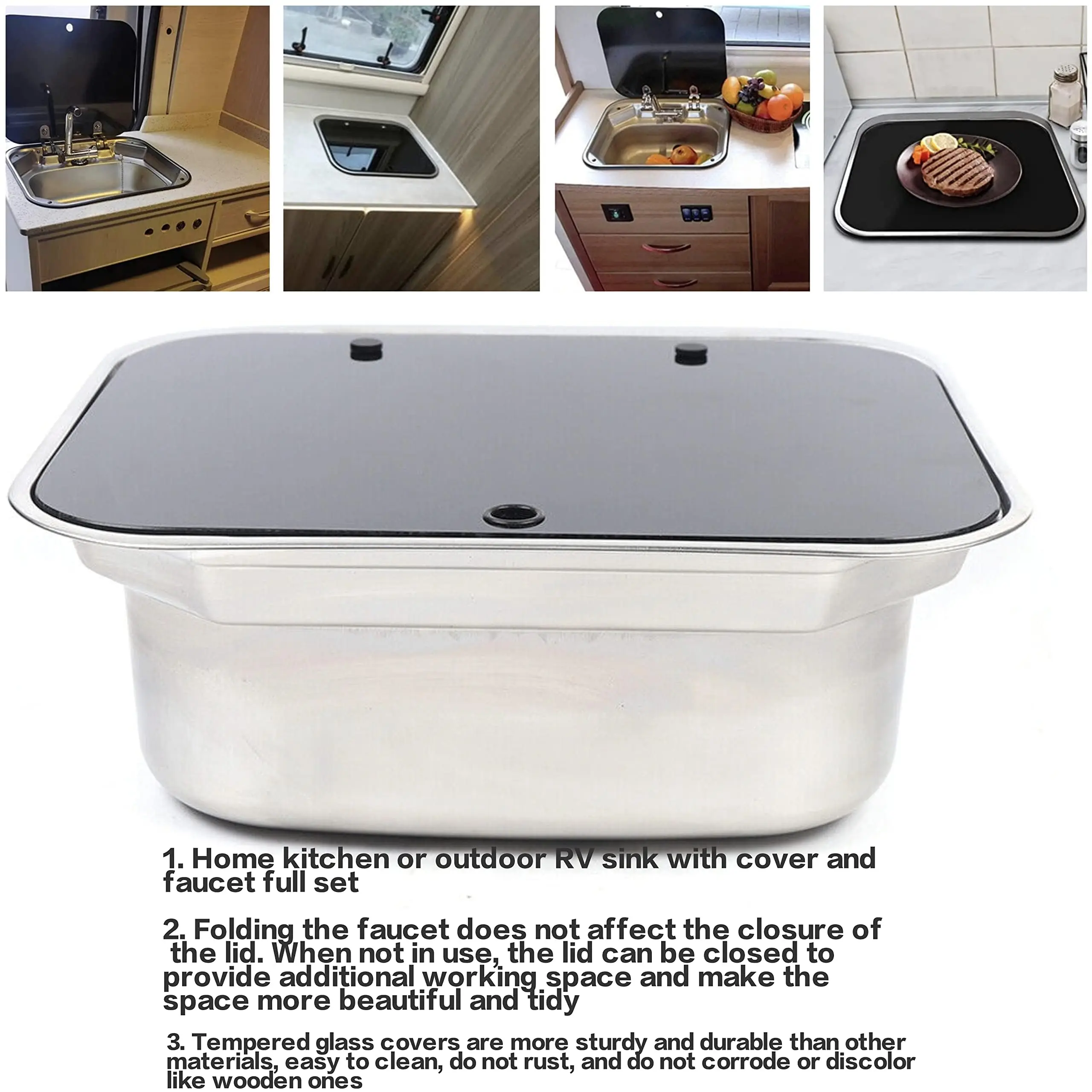 حوض المطبخ RV للمقهى مع صنبور قابل للطي وغطاء، وعاء واحد من الفولاذ المقاوم للصدأ، حوض غسيل يدوي مع غطاء لـ