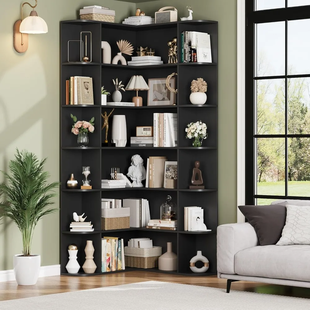 رف كتب زاوية طويل 74 بوصة، رف كتب من 6 طبقات وخزانة كتب مع مساحة تخزين مفتوحة، خزائن كتب طويلة على شكل حرف L، رف تخزين خشبي