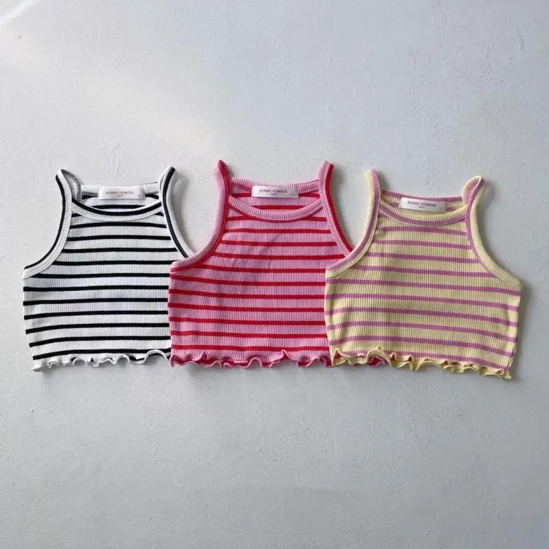 

2025 Summer New Sweet Cute Girls Striped Sling Vest Children Sleeveless T Shirts Baby Girl Casual Tops Fashion Kids Clothes