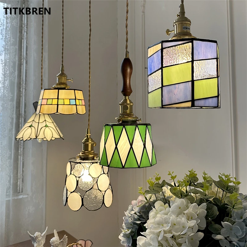 

Hand Welded Colorful Glass Pendant Light Brass LED Hanging Lamp With Switch Home Indoor Bedroom Bedside Restaurant Cafe Showcase