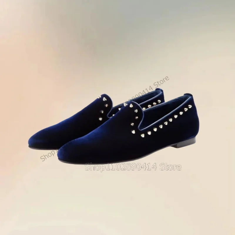 

Rivets Decor Blue Corduroy Penny Loafers Fashion Slip On Men Shoes Luxury Comfort Handmade Party Feast Banquet Men Casual Shoes
