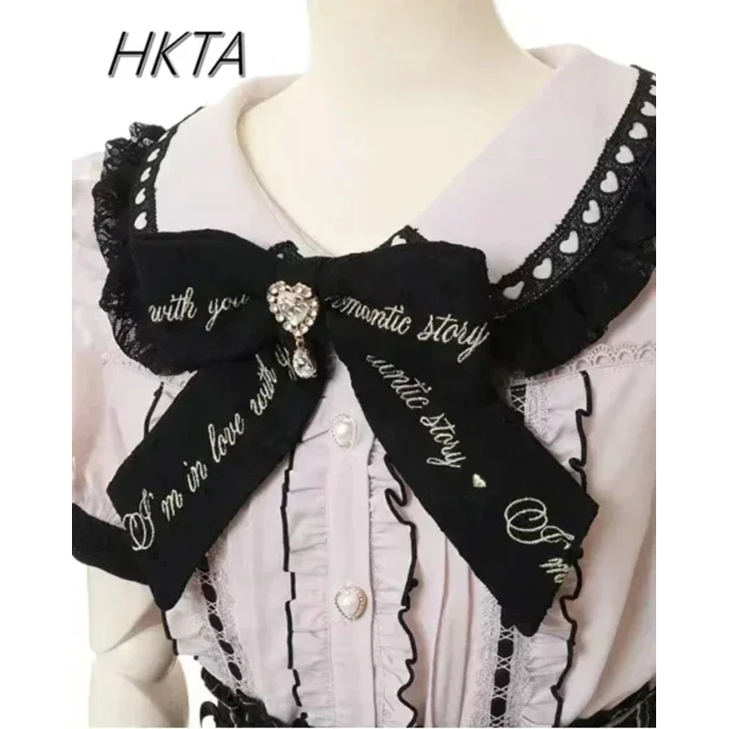 DY20로지타 스타일 레이스 보우 인형 칼라 로리타 셔츠 여름 패션 여성용 탑 스윗 라인스톤 보우 슬림 반팔 블라우스