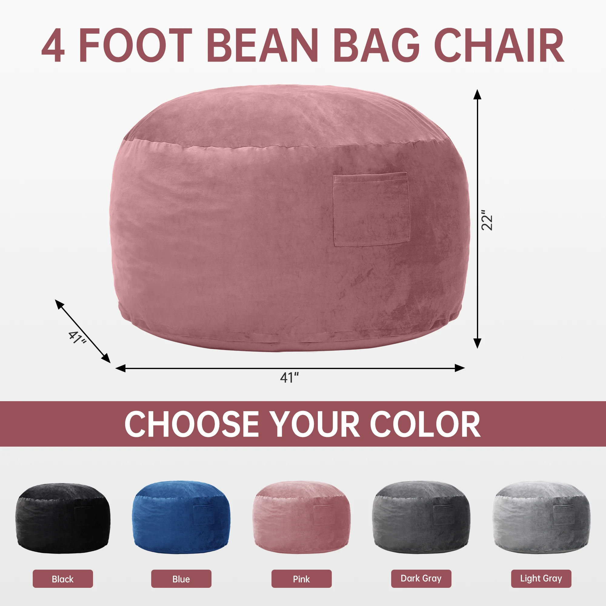 TUAREX Large 4FT Memory Foam Bean Bag Chair with Filling, Thick Dutch Velvet Washable Cover, Comfy Bean Bag for Adults Teens Bedroom Living Room image 3
