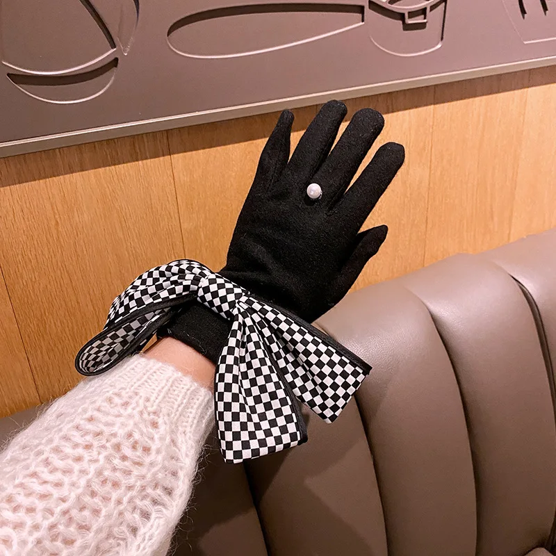 

MPPM Cashmere Gloves Houndstooth Bow Pendant Ring Cashmere Gloves Fashion Korean Winter Warm Sports Touch Screen Gloves