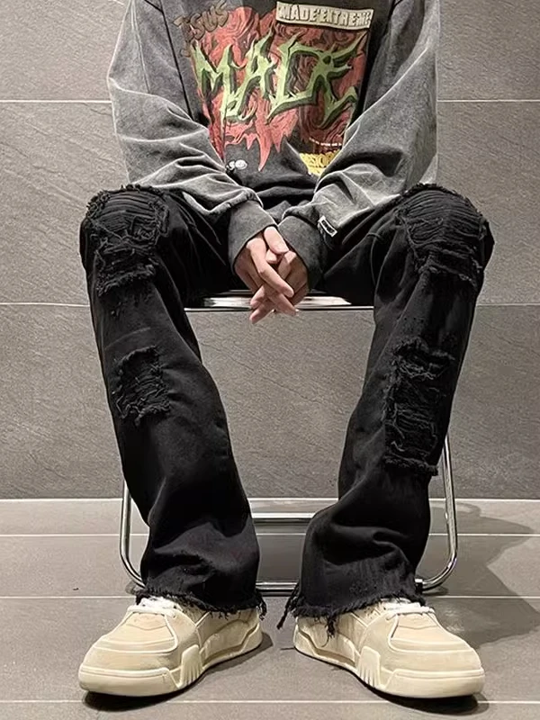 

Мужские джинсы большого размера с прямым кроем, рваные, слим-фит, повседневные, молодежные, модные, брендовые, осенние, из денима