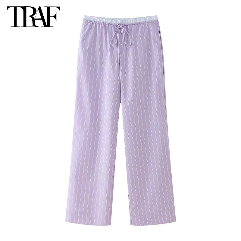 TRAF 2024 Striped Wide Pants Women Purple High Waist Pants for Women Boxer Pleated Baggy Pants Woman Summer Beach Women's Pants