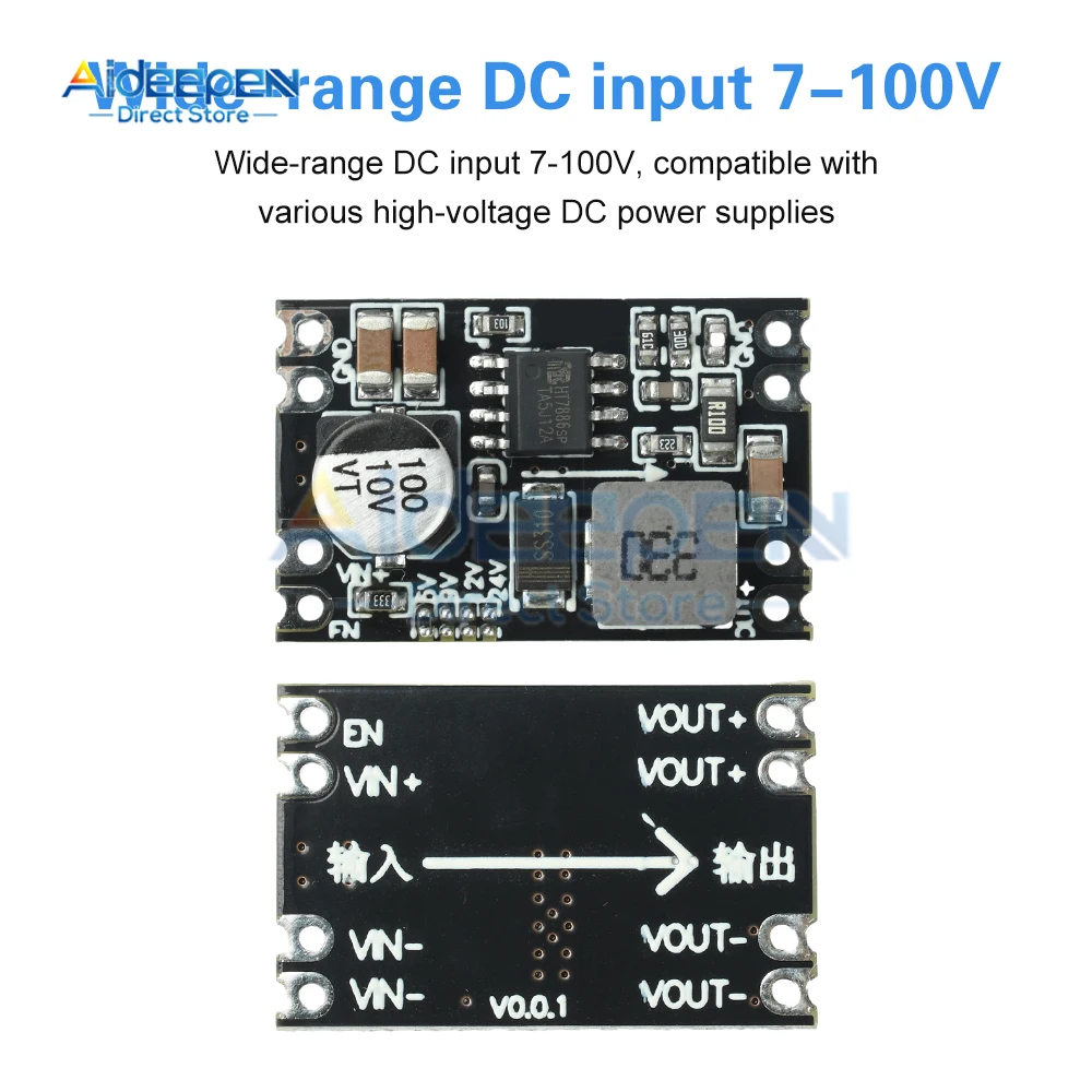 Módulo de alimentação redutor de tensão de saída fixa DC-DC 7V-100V a 5V/9V/12V/24V com proteção total para uso automotivo/industrial