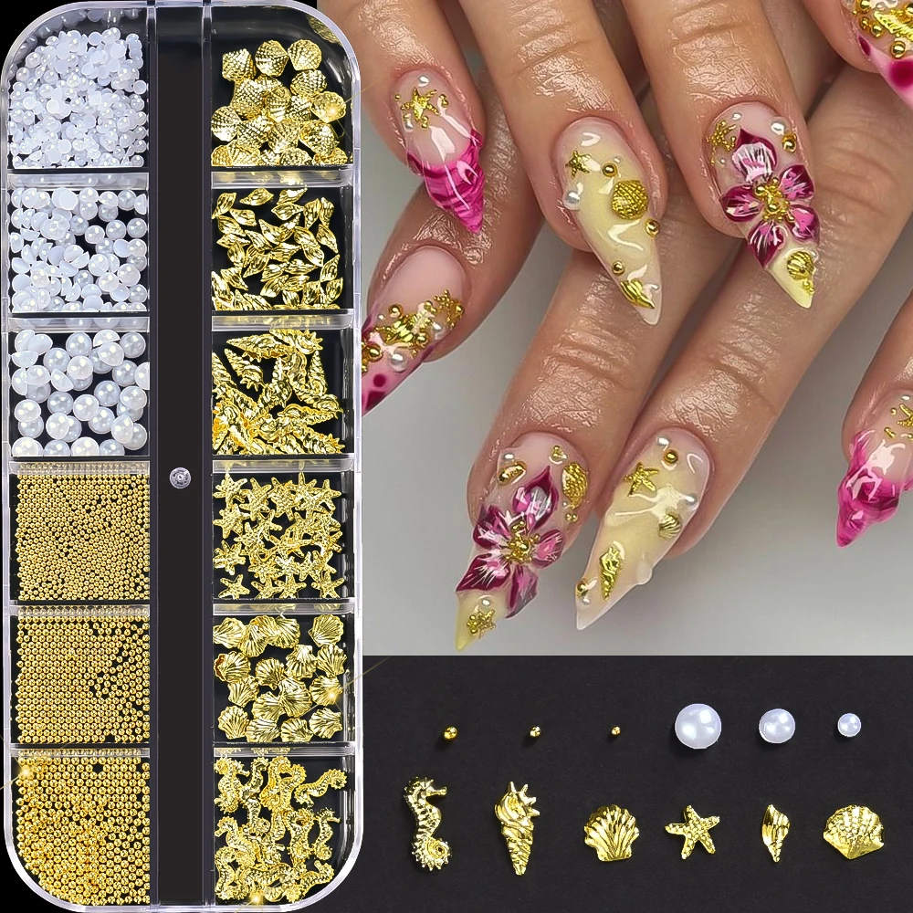 12Grids/Box Alloy Marine Life Mixed Pearl Nail Charms Shell/Seahorse/Starfish Nail Rivet Studs Gold Ocean Nail Art Decoration **