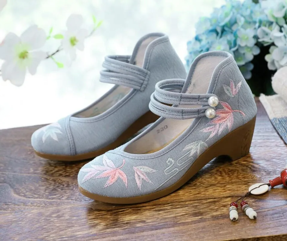 Women Ankle Button Strap Pumps Ethnic Embroidery Mary Jane Dress Shoes Mid Heel Cotton Fabric Espadrilles Vintage Sandals
