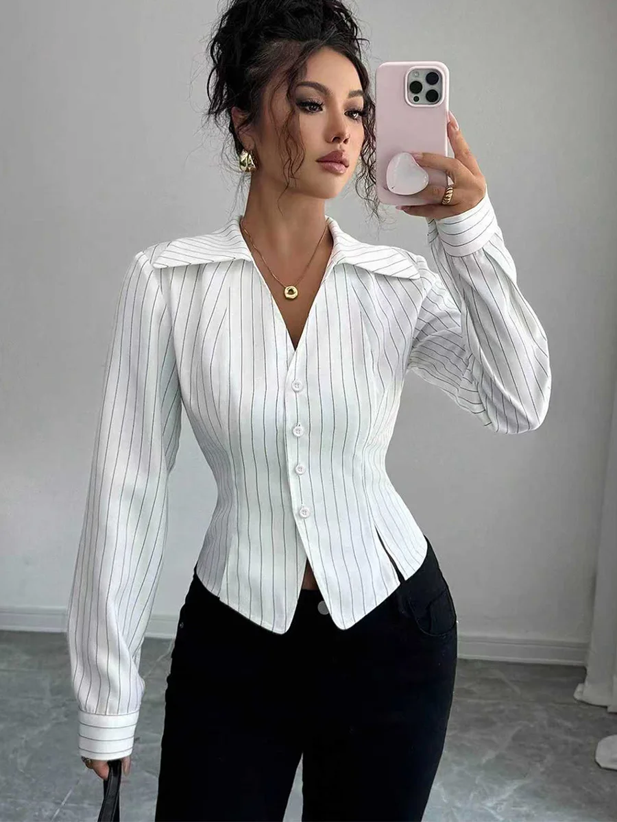 

Women European Style Elegant Striped Print Long Sleeve Shirt Office Wear Blouse