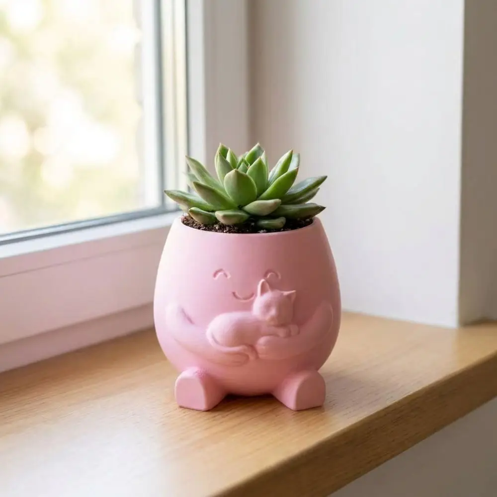 3D Printed Hugging Cat Succulent Planter Pot Cartoon Happy Expression Face Succulent Planter Lifelike Plastic