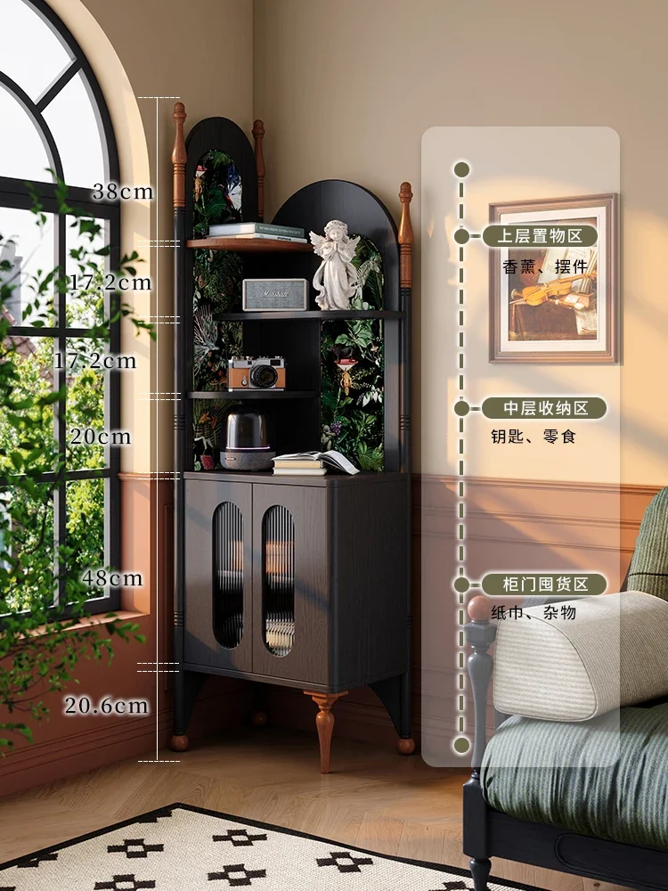 French retro corner, small apartment living room corner rack, triangular cabinet, solid wood multi-layer rack