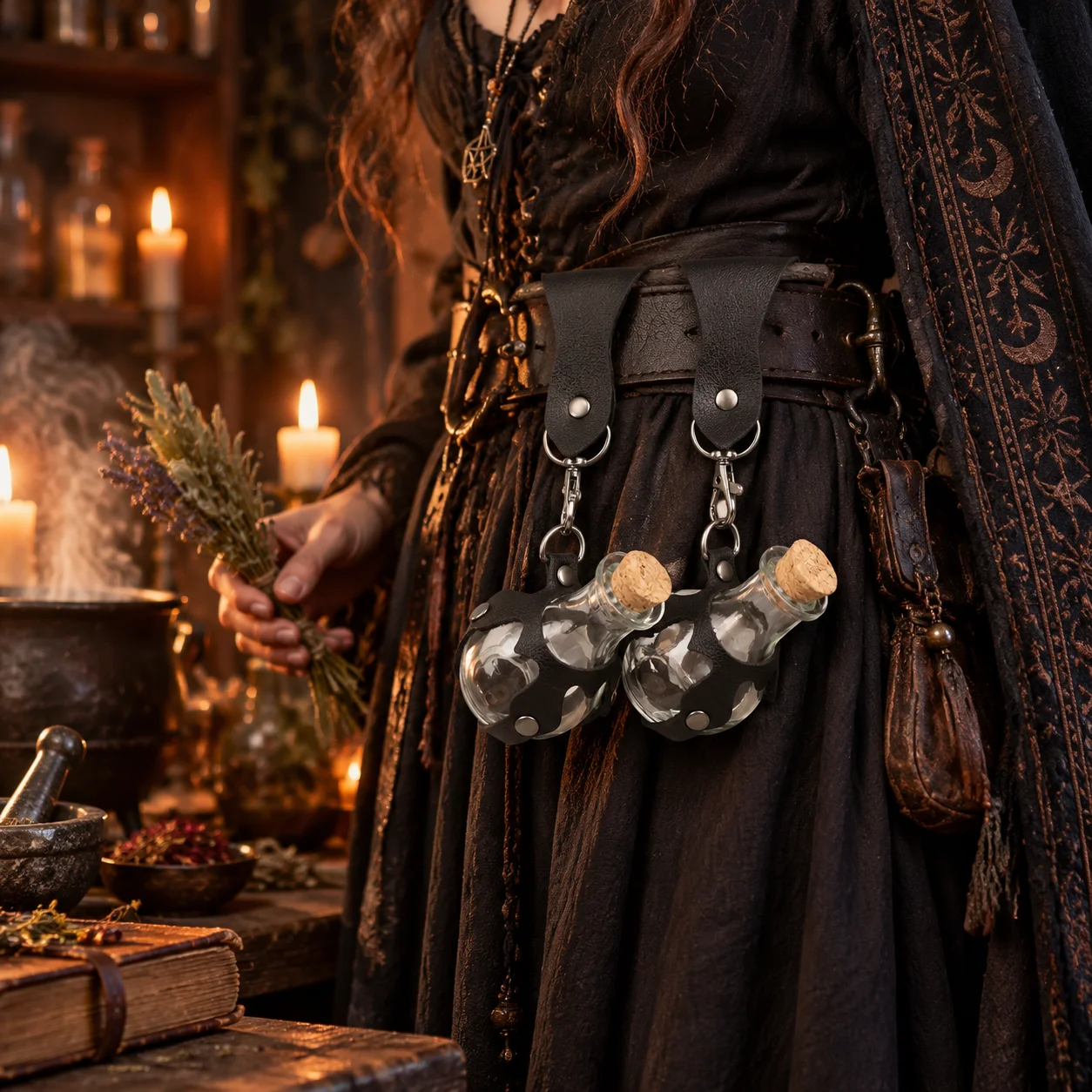 Renaissance Witch Magic Potion Bottle Wizard Potions Glass Holder With Cork Stopper And Flask Cosplay Halloween LARP Prop Vintag