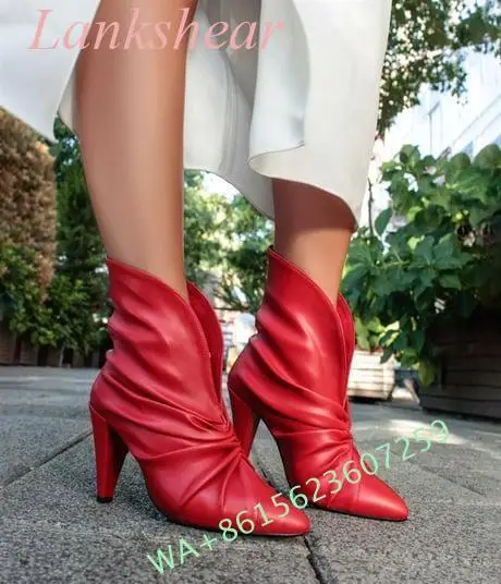 

2024 New Women's Red Low-Cut Detailed Pointed Toe Drawstring Boots Fashion Spike Heels Pleated Ankle Boots Slip On Size 35-43