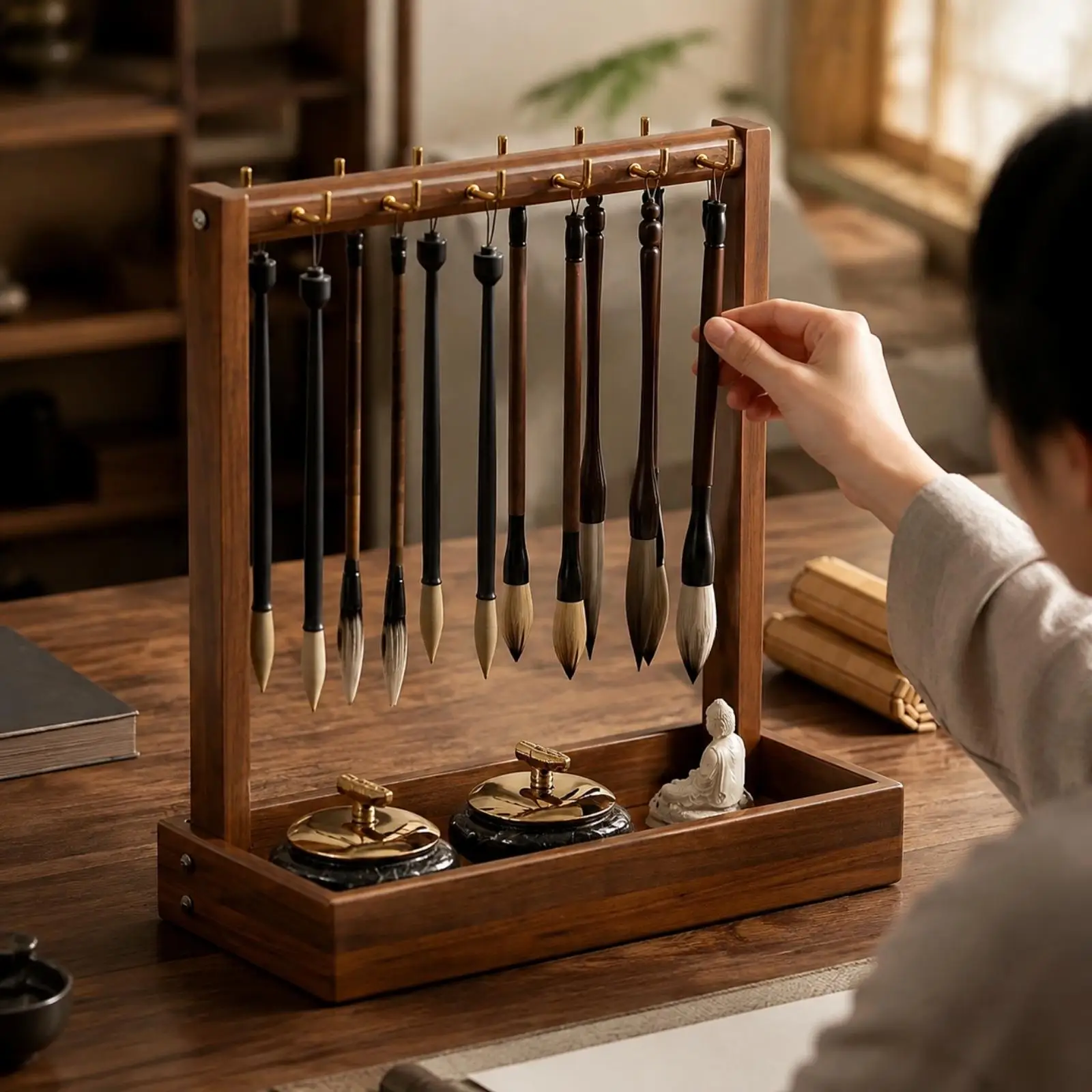 Traditional Wood Brush Hanging Rack with Storage Tray for Calligraphy Paintbrush Holder Studio Use