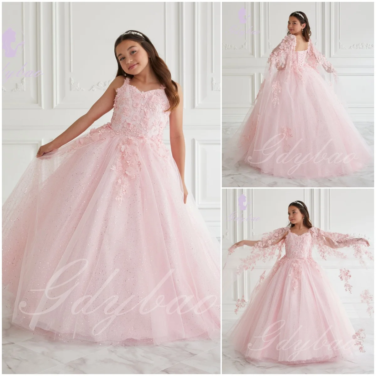 Pink Flower Girl Dresses For Wedding 3D Appliques Floor Length Kids Bespoke Occasion Dresss First Holy Communion Gowns