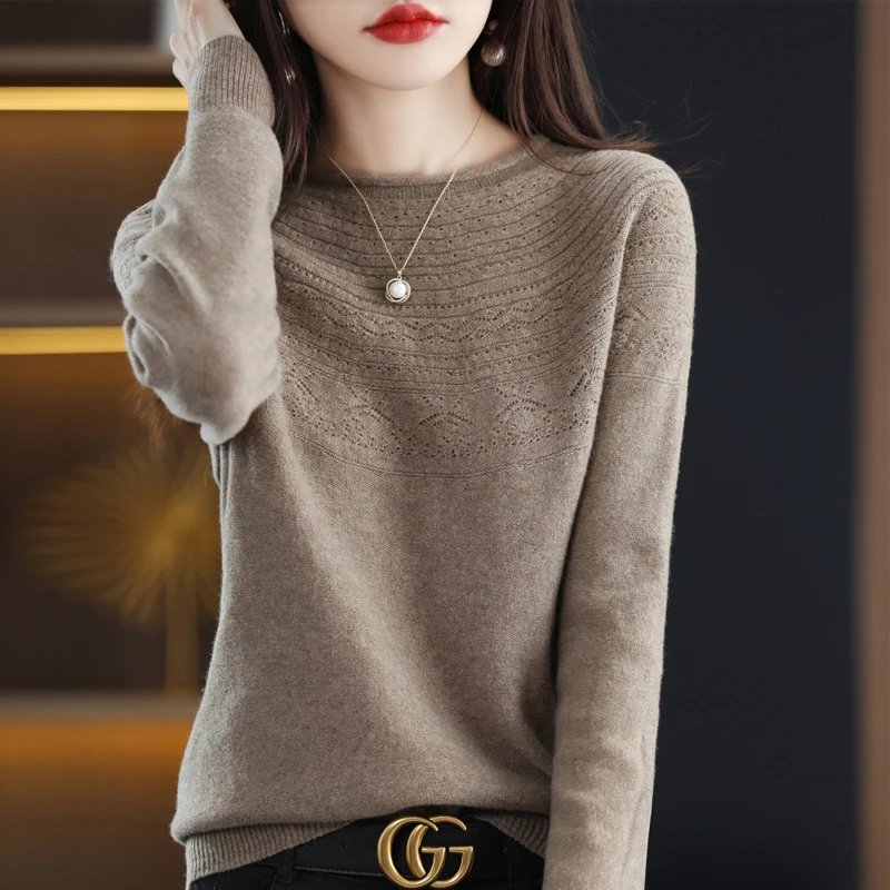 2022 Autumn/Winter New Seamless One-Line Ready-To Wear Women\'s Pullover 100% WooL Round S Neck UpperBody Hollow Sweater Soft Top