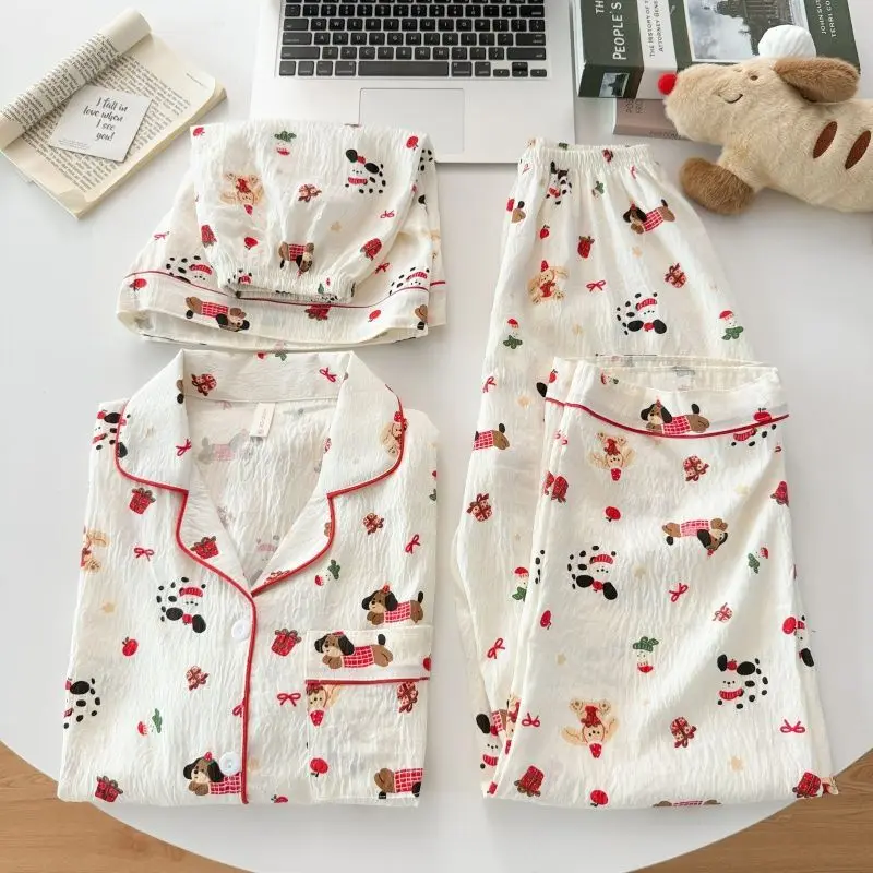 

Summer Comfortable and Breathable Cartoon Women's Three Piece Set, Cute and Sweet Cloud Cotton Short Sleeved Shorts and Pants