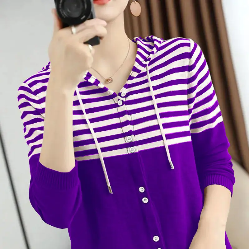 Fashion Hooded Button Spliced Striped Cardigan Sweater Women\'s Clothing 2022 Autumn New Oversized Casual Tops Loose Korean Coat