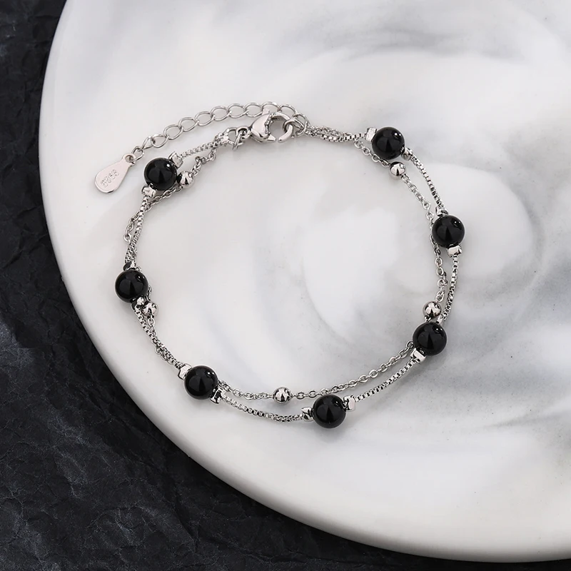 KOFSAC Vintage Trendy Black Beads Bracelets For Women 925 Sterling Silver Jewelry Glamorous Two Chain Bracelet Girl Gift