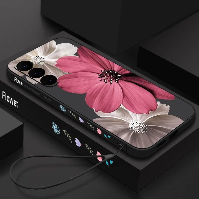 Colorful Flower Pattern Lanyard Phone Case For Samsung Galaxy A57 A17 A56 A16 A55 A15 A36 S25 FE S26 S24 S23 S22 Ultra TPU Cover