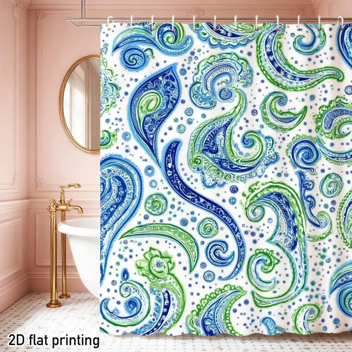 

Paisley Shower Curtain – Blue & Green Swirls on White, Polyester, 71"x71", 12 Grommets, Hand Wash, Intricate Flat Print