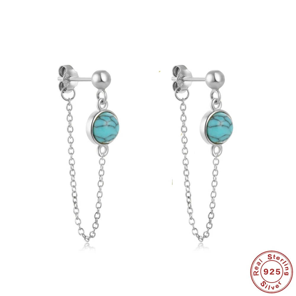 AIDE Textured Turquoise Tassel Chain Drop Earrings Popular S925 Sterling Silver Stud Earrings For Women Bohemia Retro Style