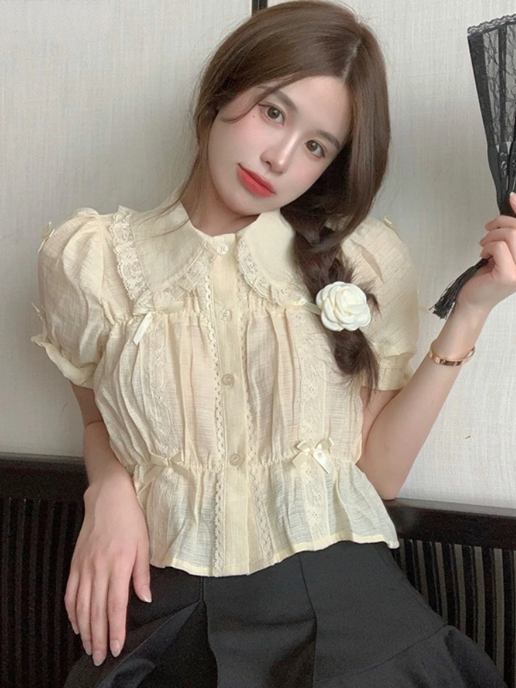 Sweet Blouses Women Lolita Style Kawaii Bow Puff Short Sleeve Crop Tops Girls French Lace Peter Pan Collar Shirt Summer Clothes