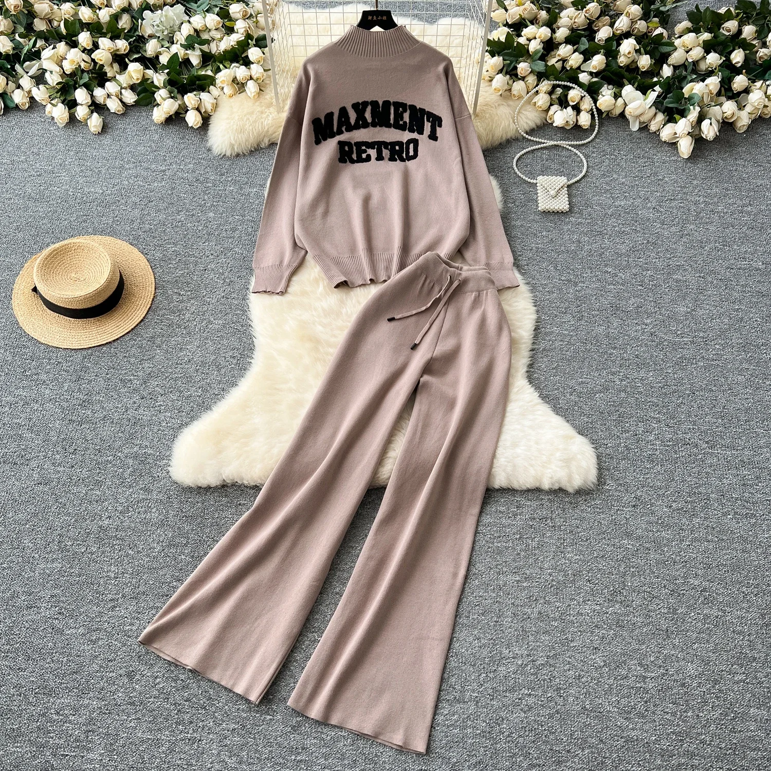 Chic Women Two-Piece Sets Basics Half High Collar Letter Embroidered Top High Waist Wide Leg Pants French Casual Autumn Clothing