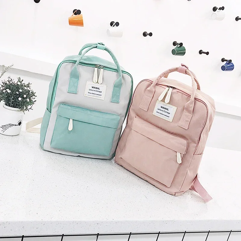 Girl Students School Bags Women Canvas Waterproof Backpack School Bag Wild Little Fresh Travel Backpack Pink Green 1pc