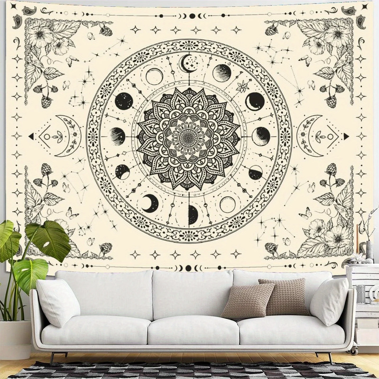 1pc Bohemian Mandala Floral Tapestry - Vintage Indian Wall Hanging with Celestial Moon and Stars Pattern for Bedroom Living Room - Image 5