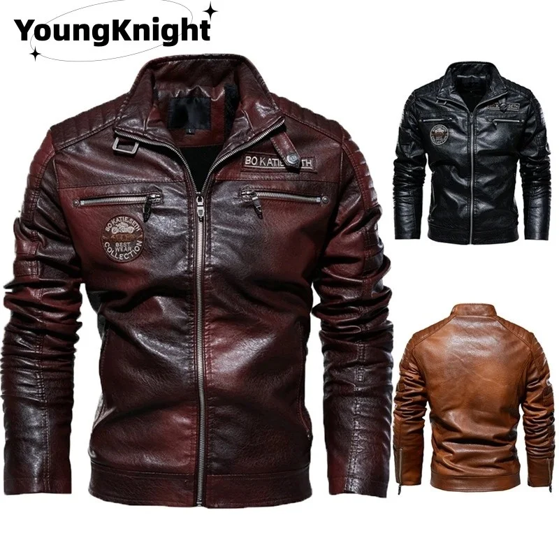 

Men Autumn Winter New Overcoat Plush Thick Locomotive Froc Leather Clothing Trend Field Stand CollarWar Youth Go To Work Jacket