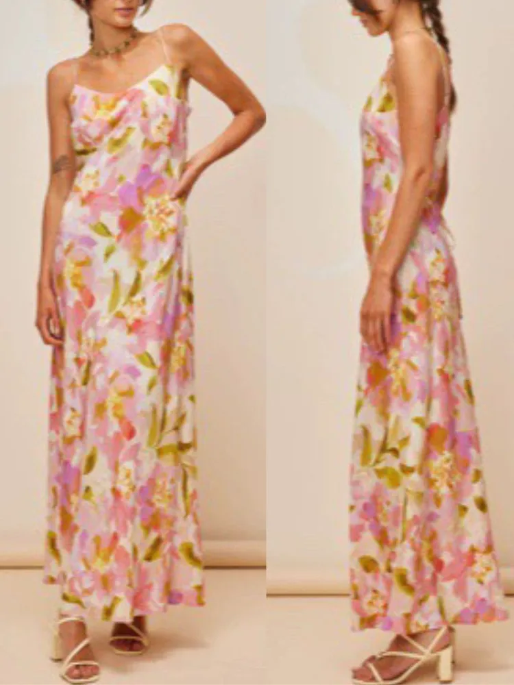 

Flower Print Women A-Line Sleeveless Sling Dress Summer New 2024 High Waist Silk Sexy Lace-Up Elegant Robe for Ladies